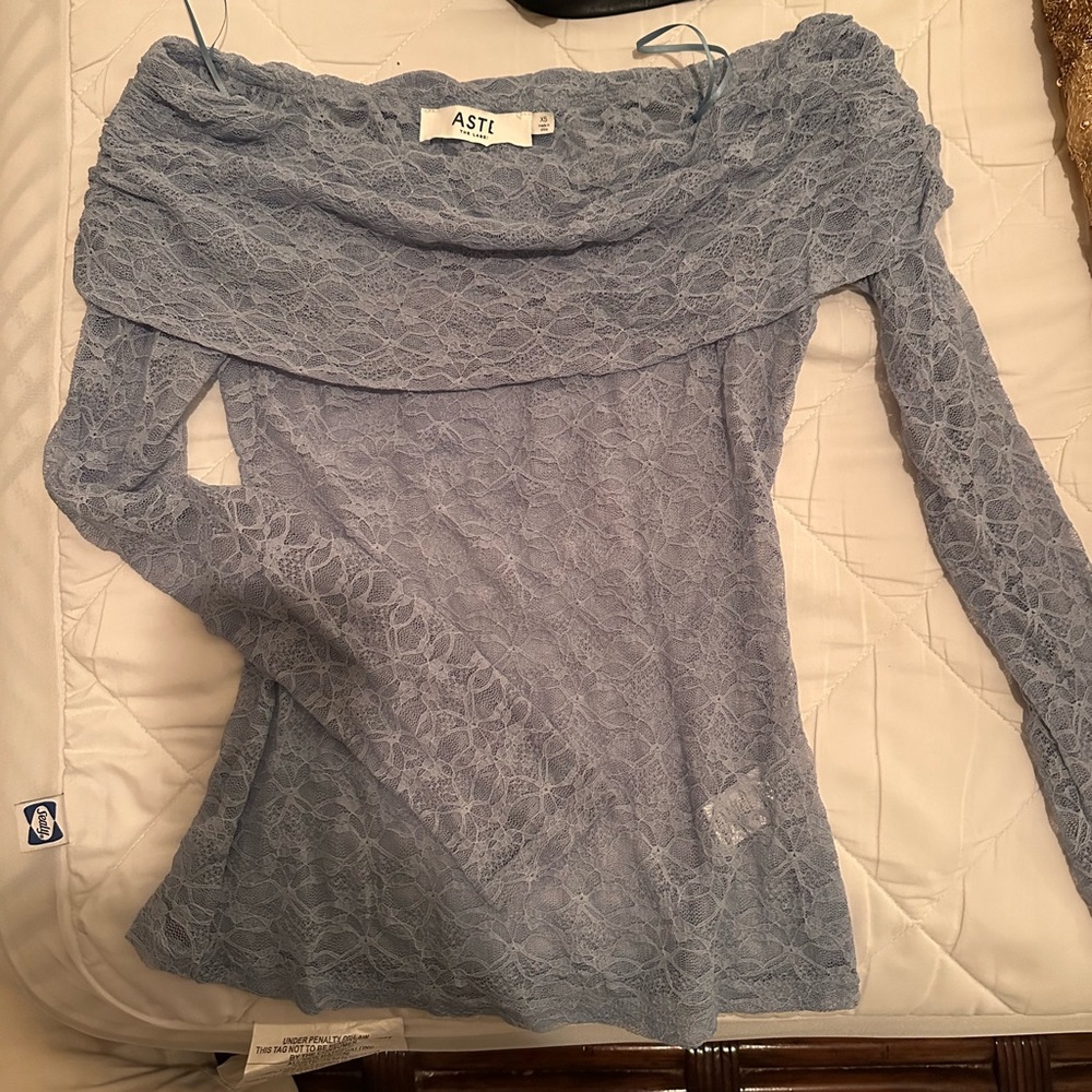 ASTR Off-the-Shoulder Lace Sweater in Blue